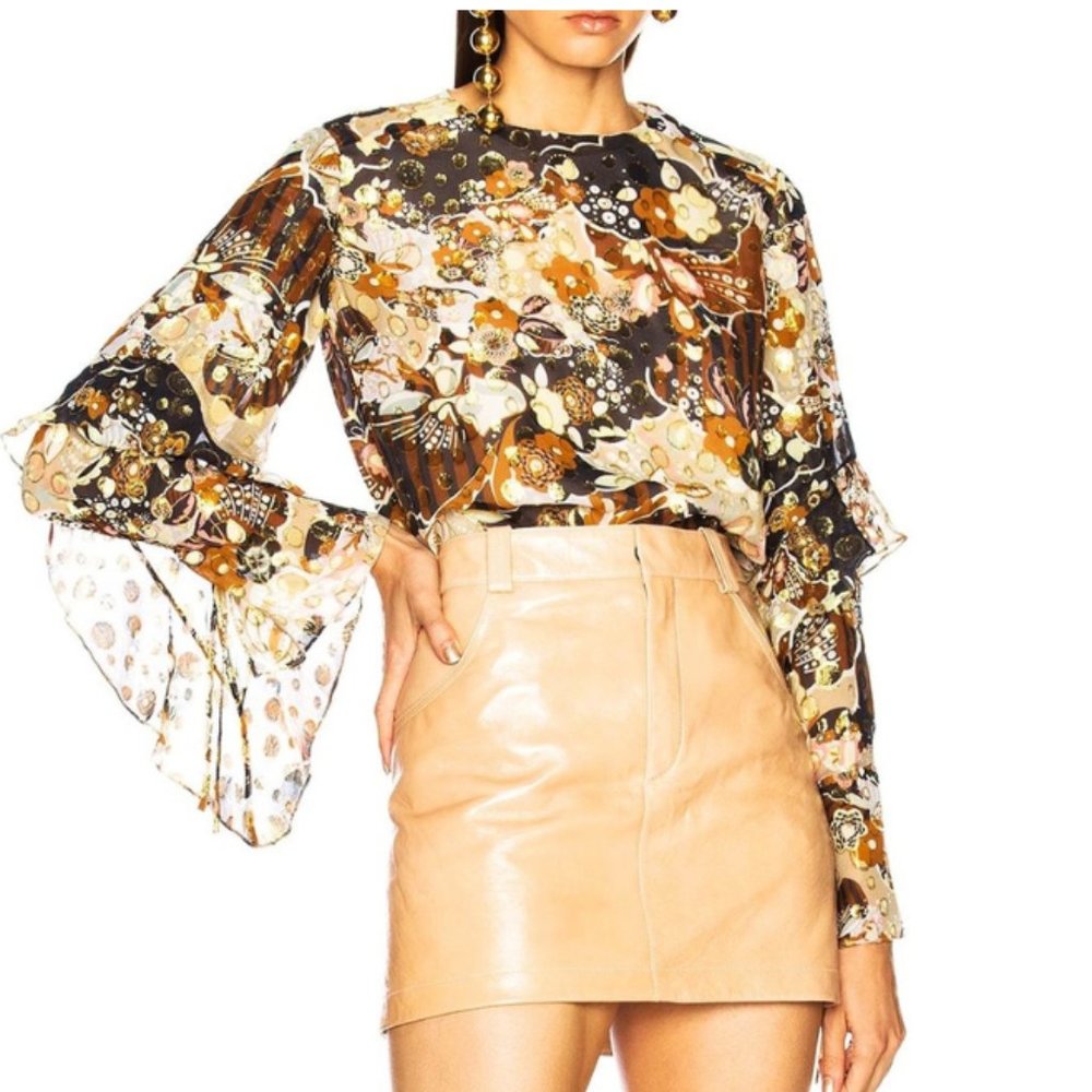 CHLOE French Couture Blouse Sz-EU38/US~M Multicolor Floral Pattern/Gold Lamé
